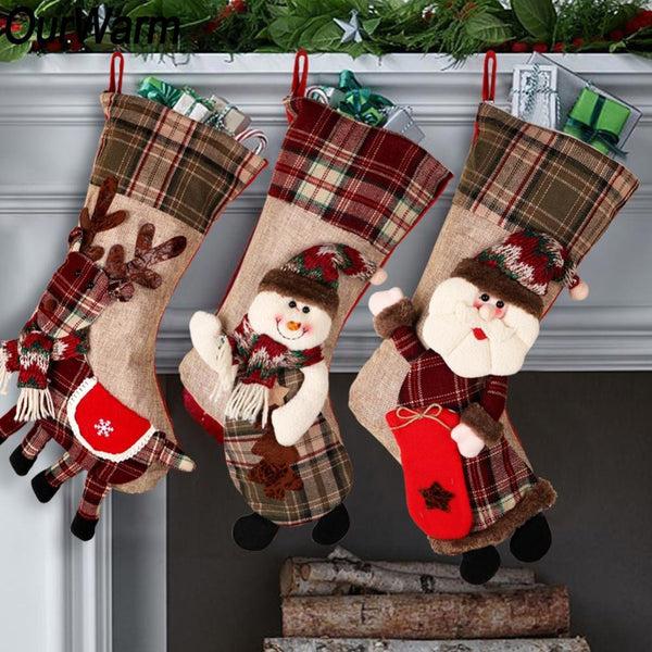 Warm Large Christmas Stocking Santa Claus Sock Plaid Burlap Gift Holder Christmas Tree Decoration New Year Gift Candy Bags